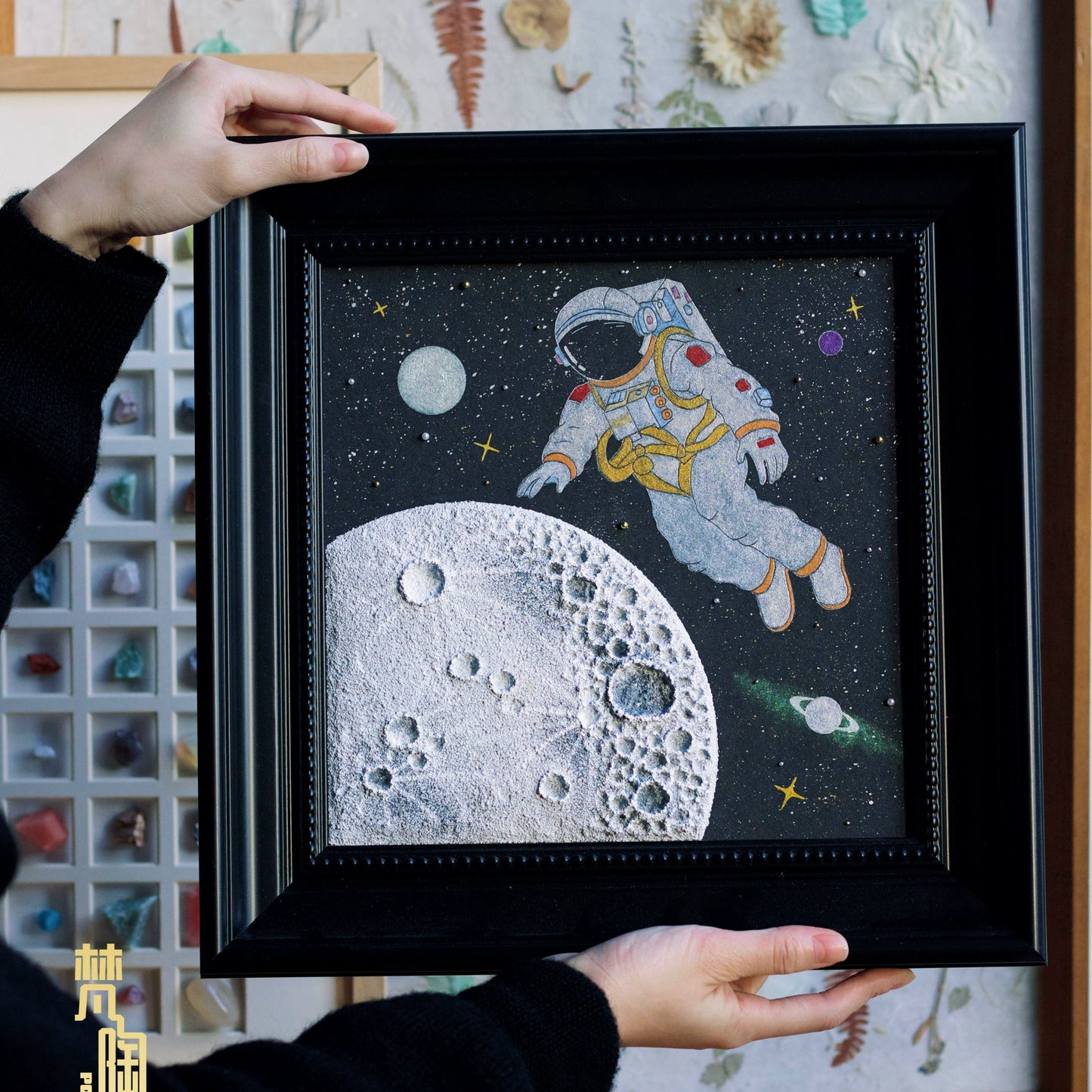 石英砂月球肌理画宇宙太空宇航员中古挂画法式相框月球简笔画