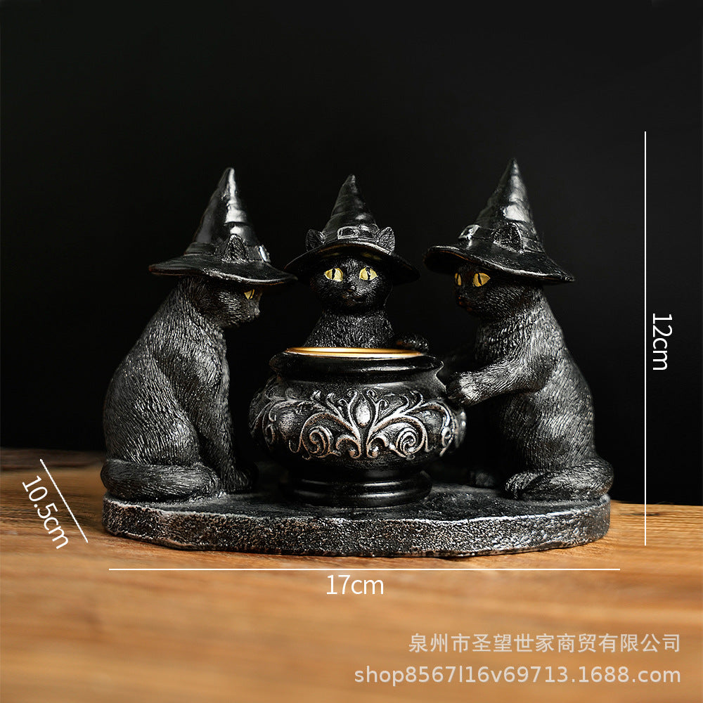 万圣节新款巫师猫神秘暗黑风复古摆件树脂工艺品鬼节香薰蜡烛烛台