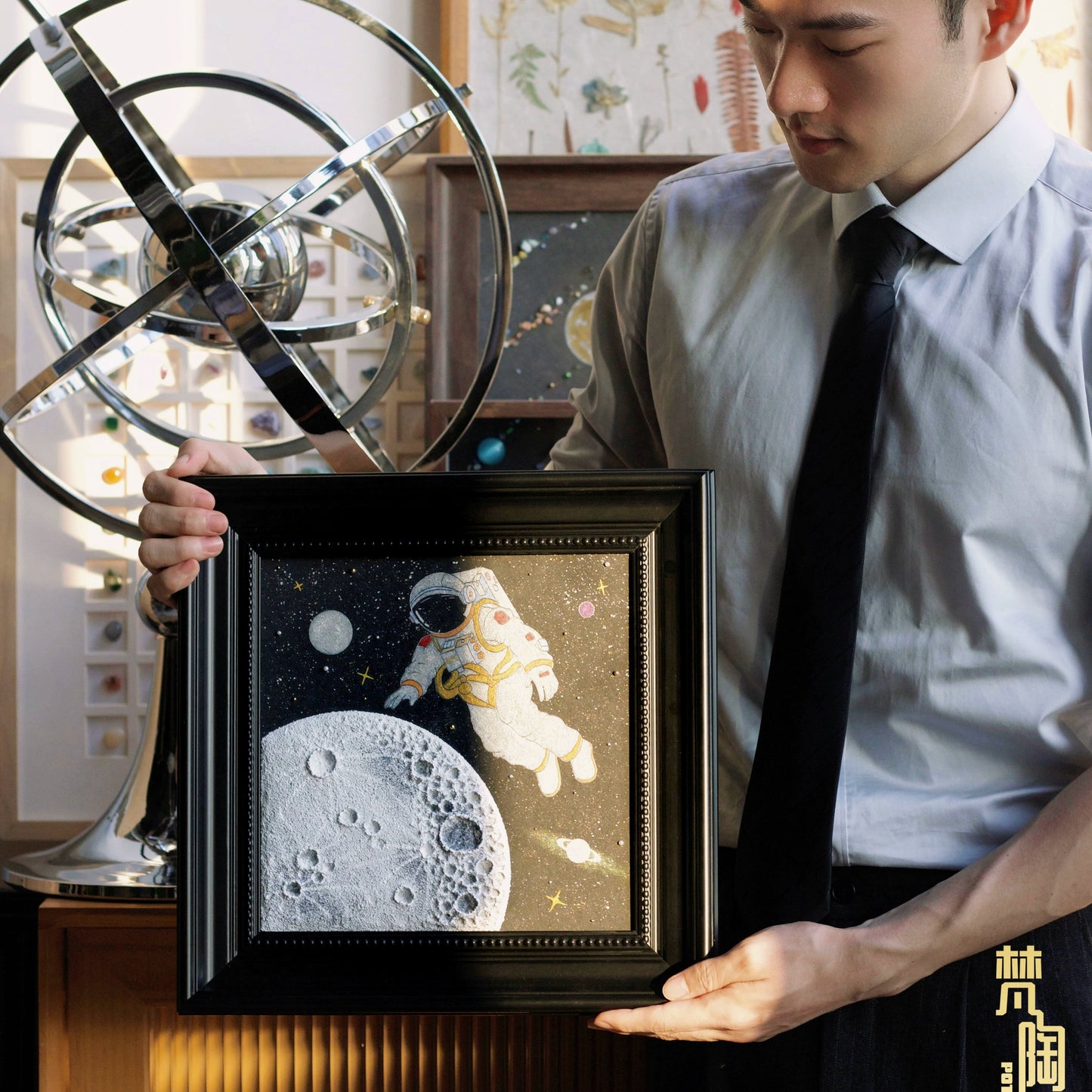 石英砂月球肌理画宇宙太空宇航员中古挂画法式相框月球简笔画