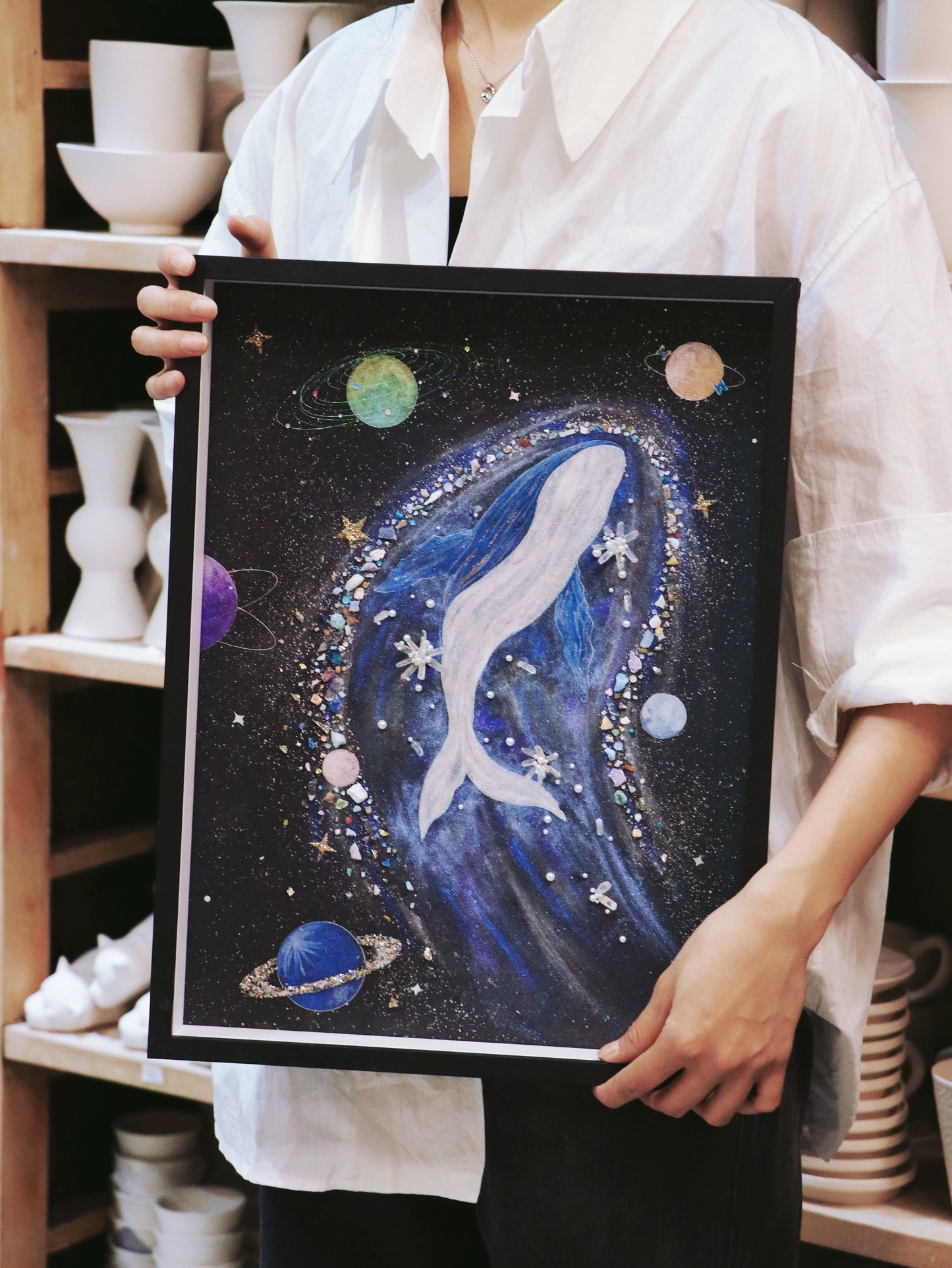 银河太空鲸鱼画水晶画手工diy材料包礼物推荐复合材料肌理画相框