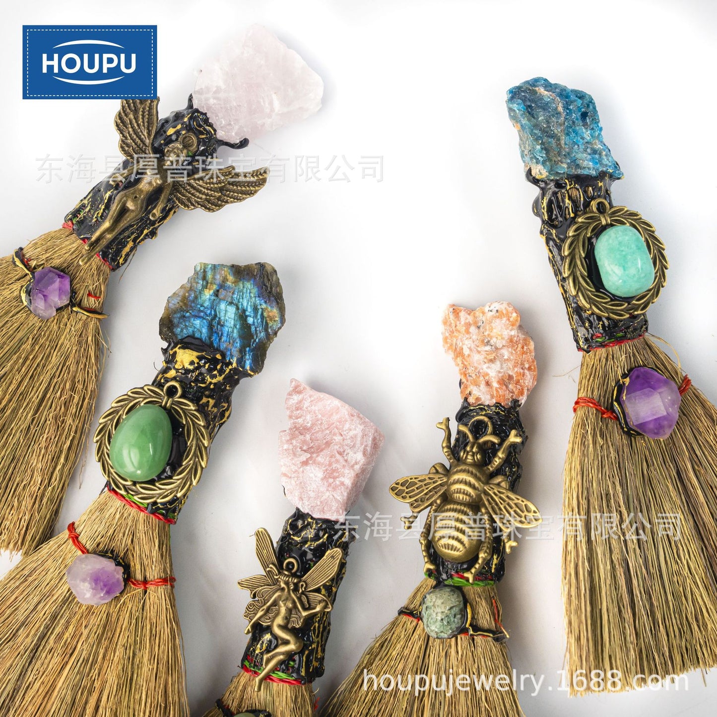Cross-border hot-selling natural crystal rough stone amethyst cluster mini broom handmade Halloween witch magic broom pendulum