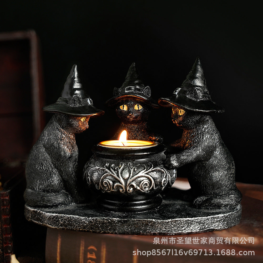 万圣节新款巫师猫神秘暗黑风复古摆件树脂工艺品鬼节香薰蜡烛烛台