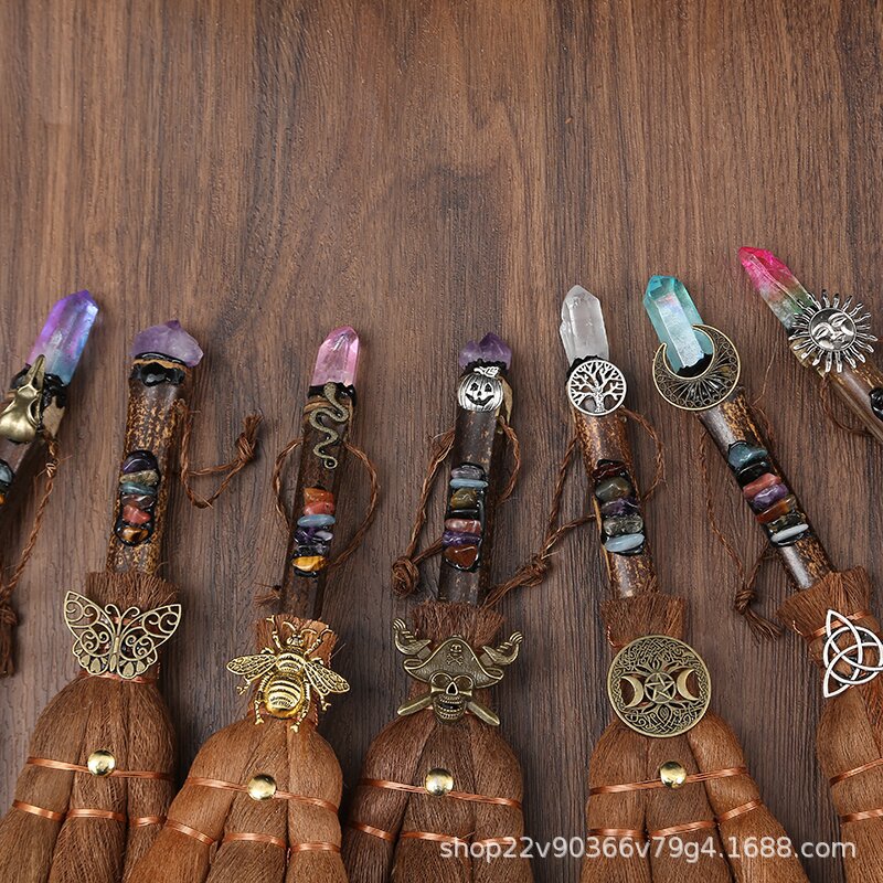 Natural crystal wish witch palm broom cross-border car pendant 24cm long rough stone pendant broom pendant