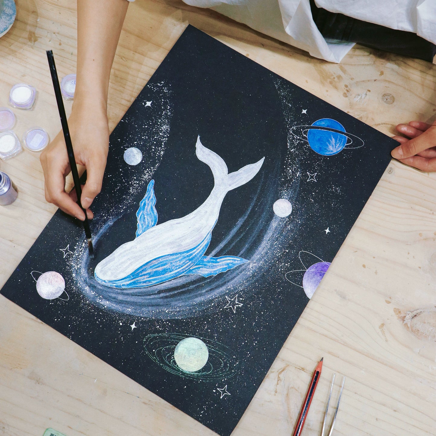 银河太空鲸鱼画水晶画手工diy材料包礼物推荐复合材料肌理画相框