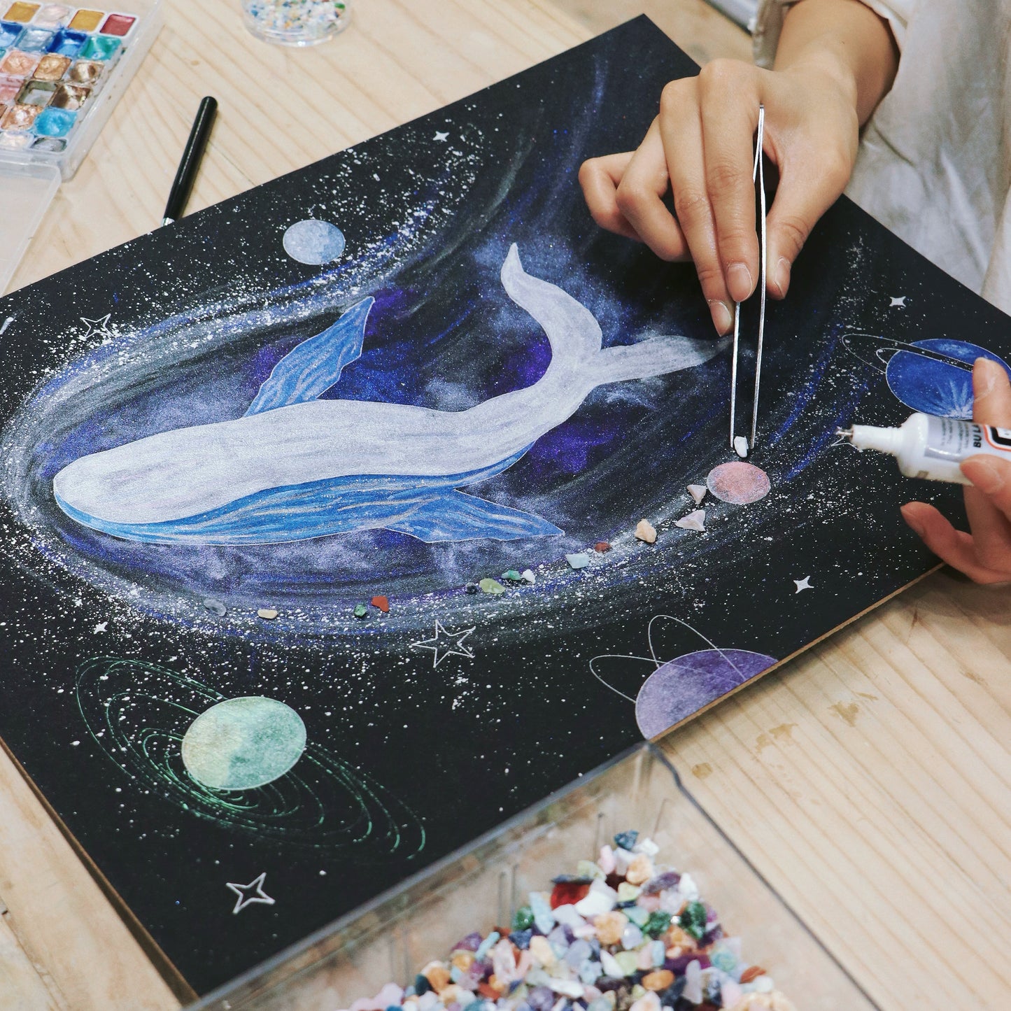 银河太空鲸鱼画水晶画手工diy材料包礼物推荐复合材料肌理画相框