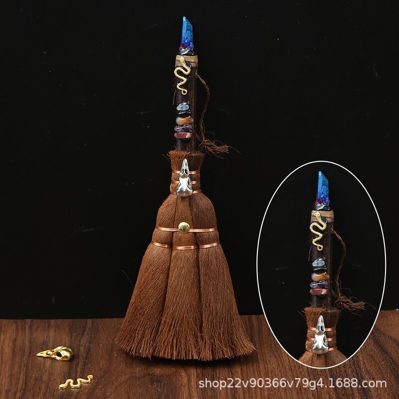 Natural crystal wish witch palm broom cross-border car pendant 24cm long rough stone pendant broom pendant