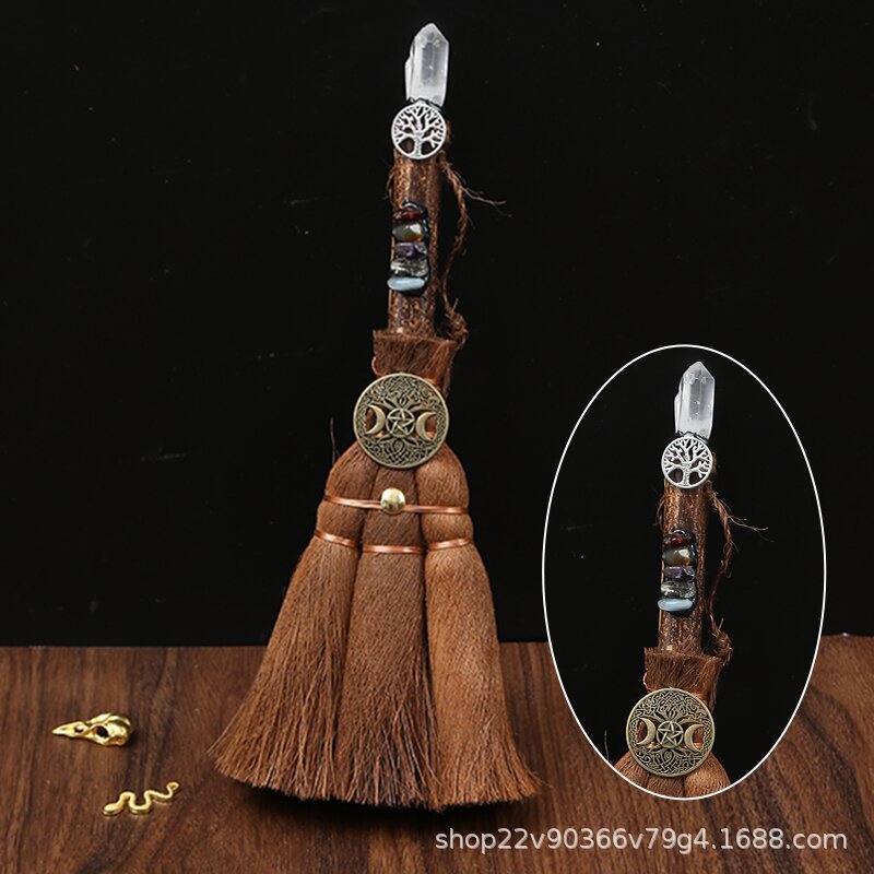Natural crystal wish witch palm broom cross-border car pendant 24cm long rough stone pendant broom pendant
