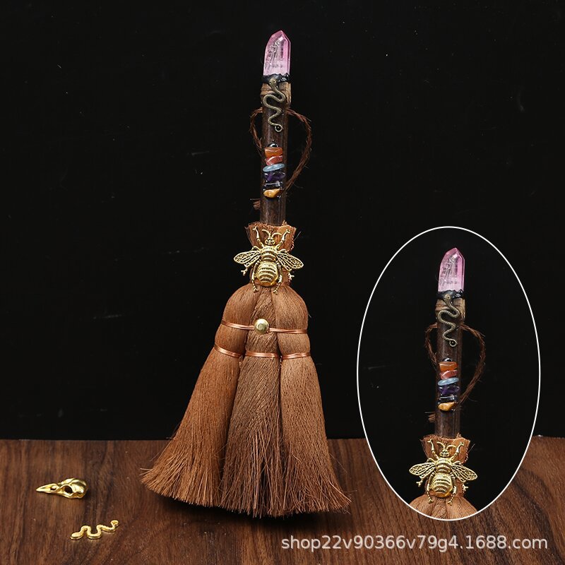 Natural crystal wish witch palm broom cross-border car pendant 24cm long rough stone pendant broom pendant