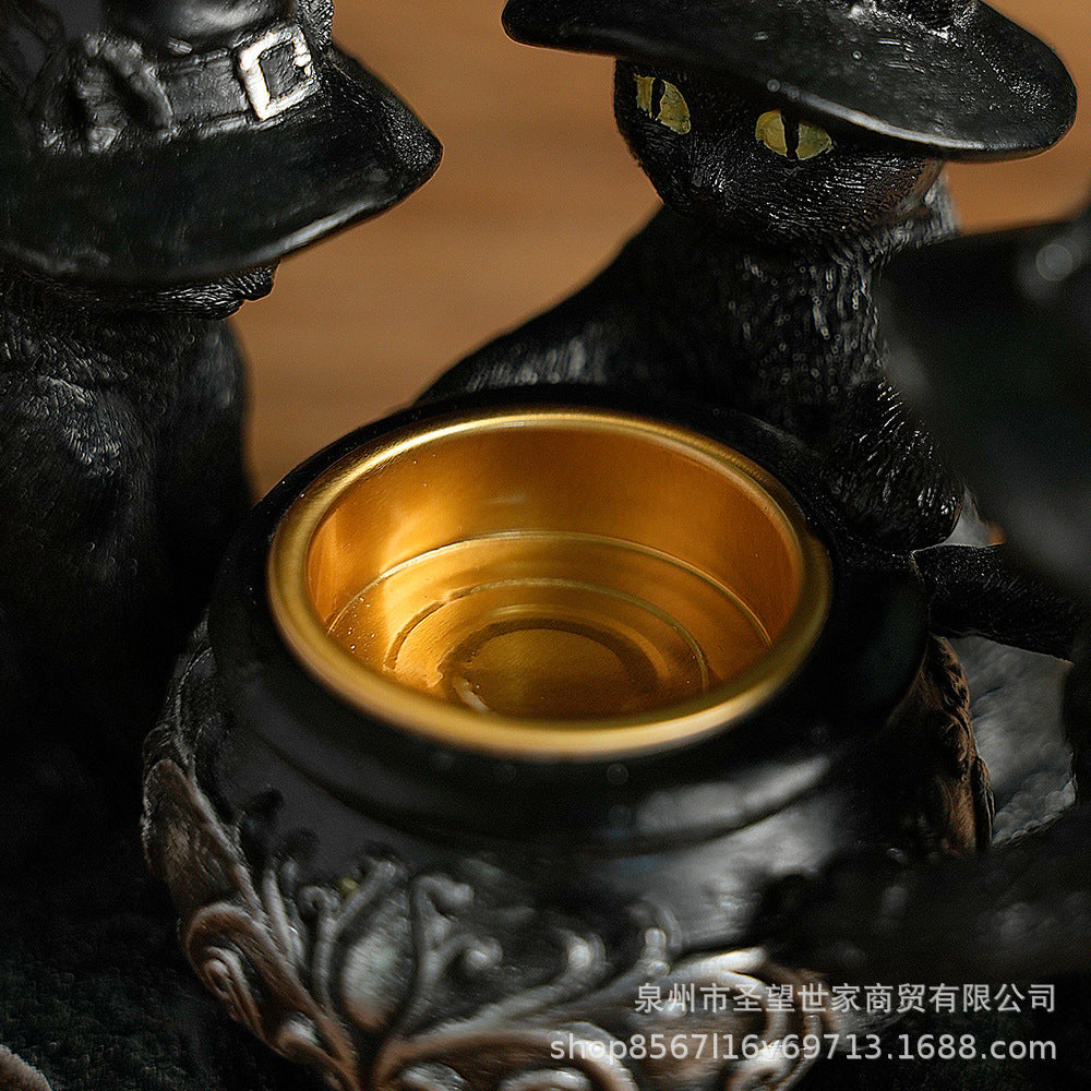 万圣节新款巫师猫神秘暗黑风复古摆件树脂工艺品鬼节香薰蜡烛烛台