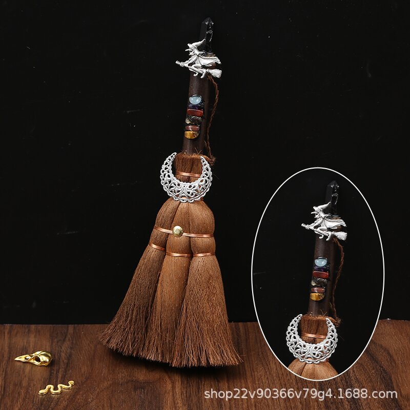 Natural crystal wish witch palm broom cross-border car pendant 24cm long rough stone pendant broom pendant