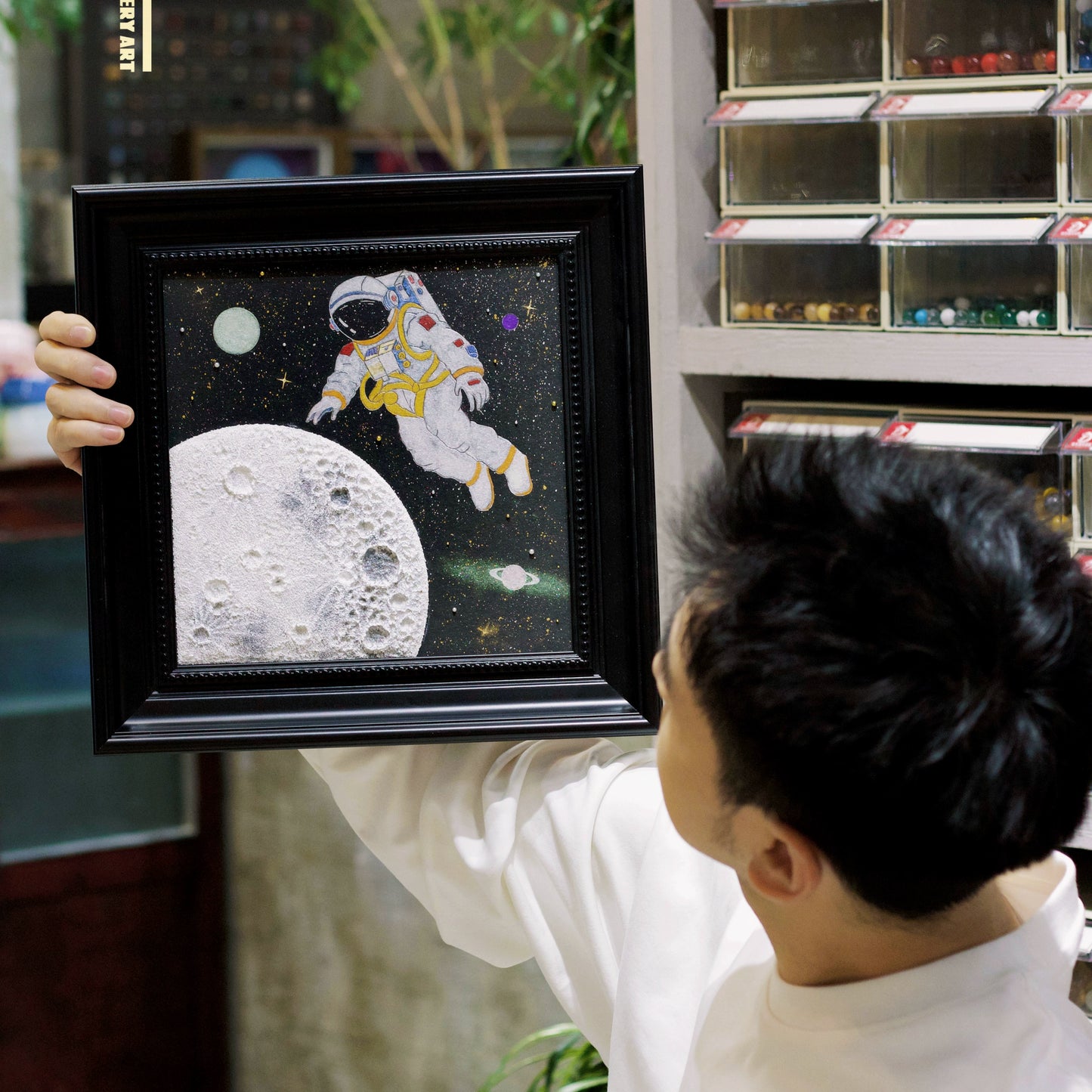 石英砂月球肌理画宇宙太空宇航员中古挂画法式相框月球简笔画