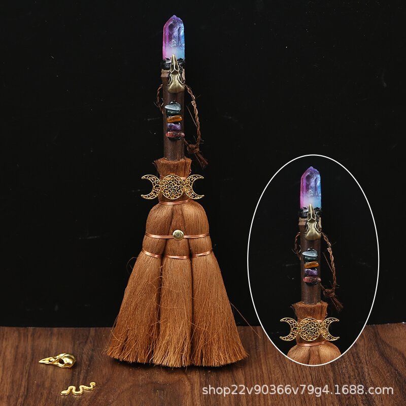 Natural crystal wish witch palm broom cross-border car pendant 24cm long rough stone pendant broom pendant