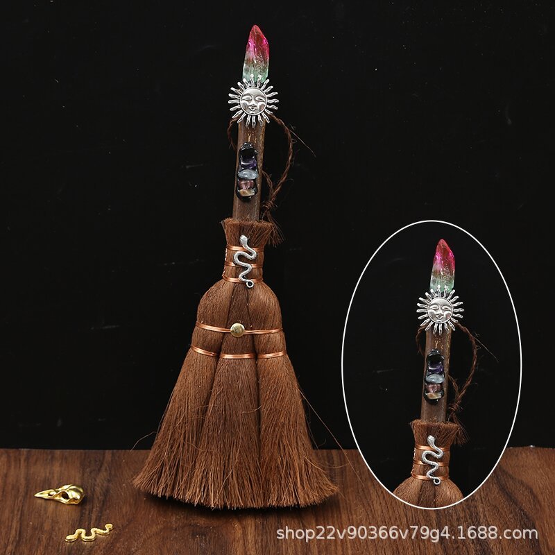 Natural crystal wish witch palm broom cross-border car pendant 24cm long rough stone pendant broom pendant