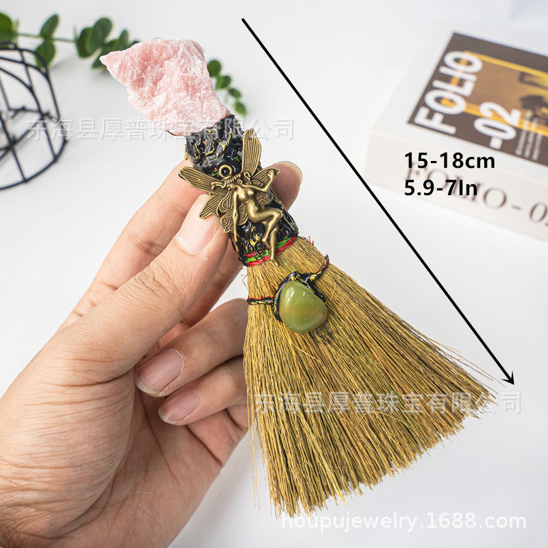 Cross-border hot-selling natural crystal rough stone amethyst cluster mini broom handmade Halloween witch magic broom pendulum