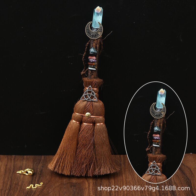 Natural crystal wish witch palm broom cross-border car pendant 24cm long rough stone pendant broom pendant