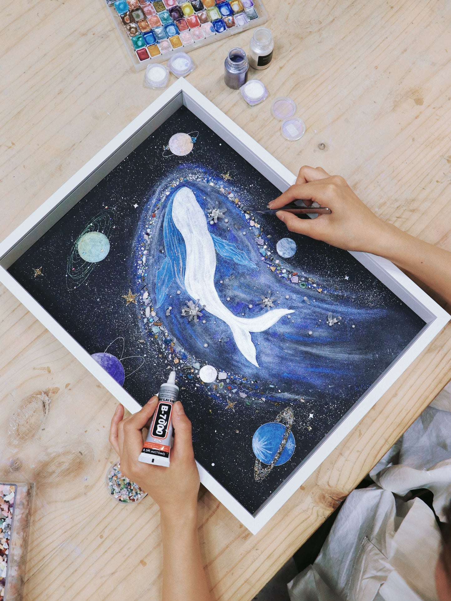 银河太空鲸鱼画水晶画手工diy材料包礼物推荐复合材料肌理画相框