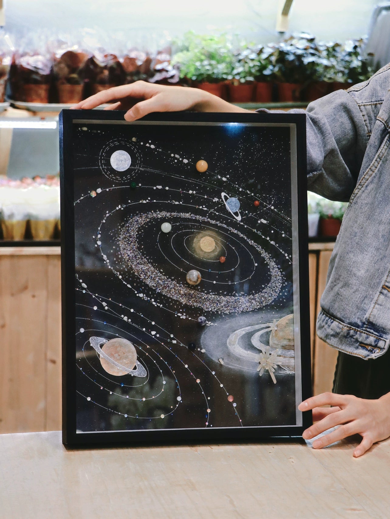 天然矿石标本.白色太阳系宇宙装饰画DIY生日礼物.材料包.桌面摆件