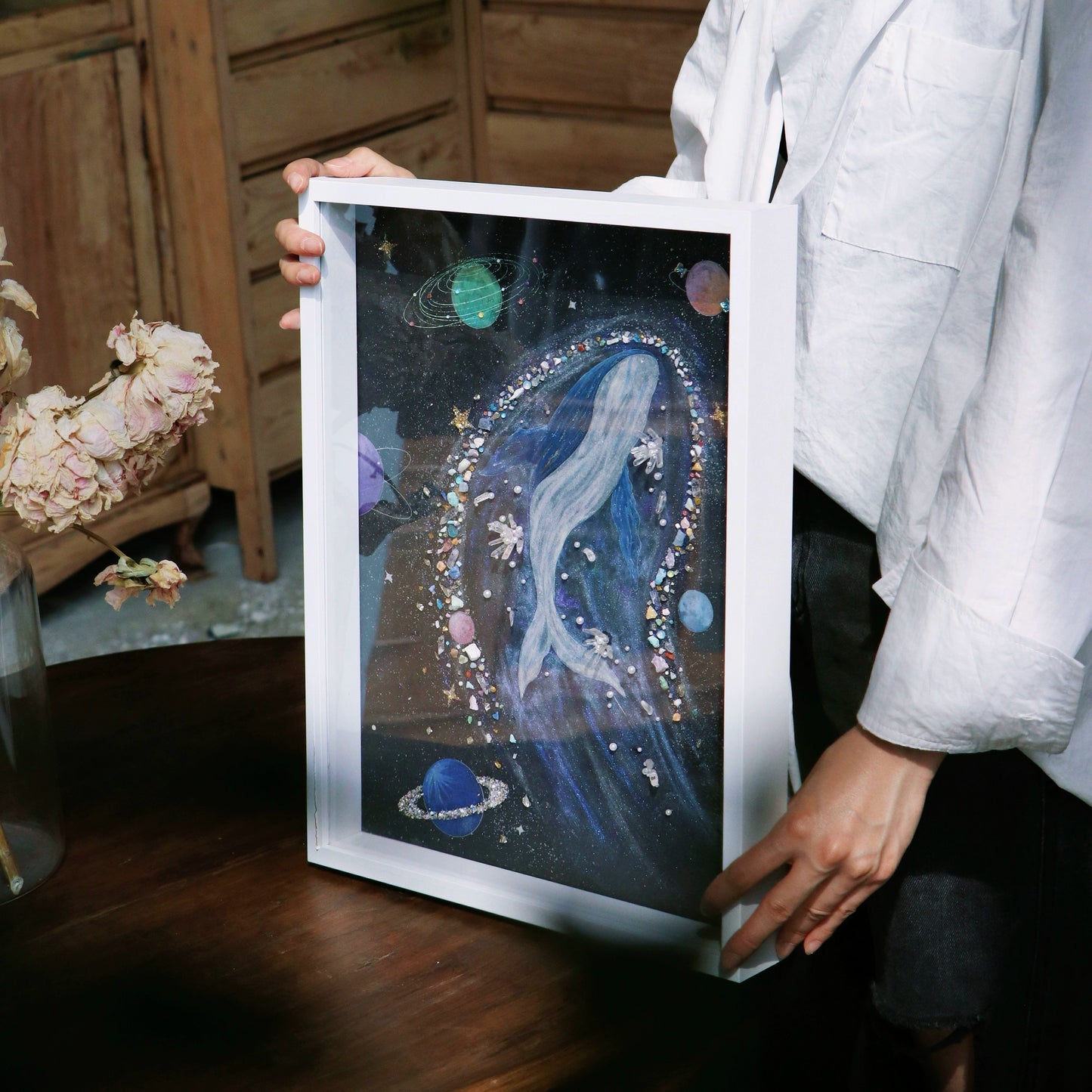 银河太空鲸鱼画水晶画手工diy材料包礼物推荐复合材料肌理画相框
