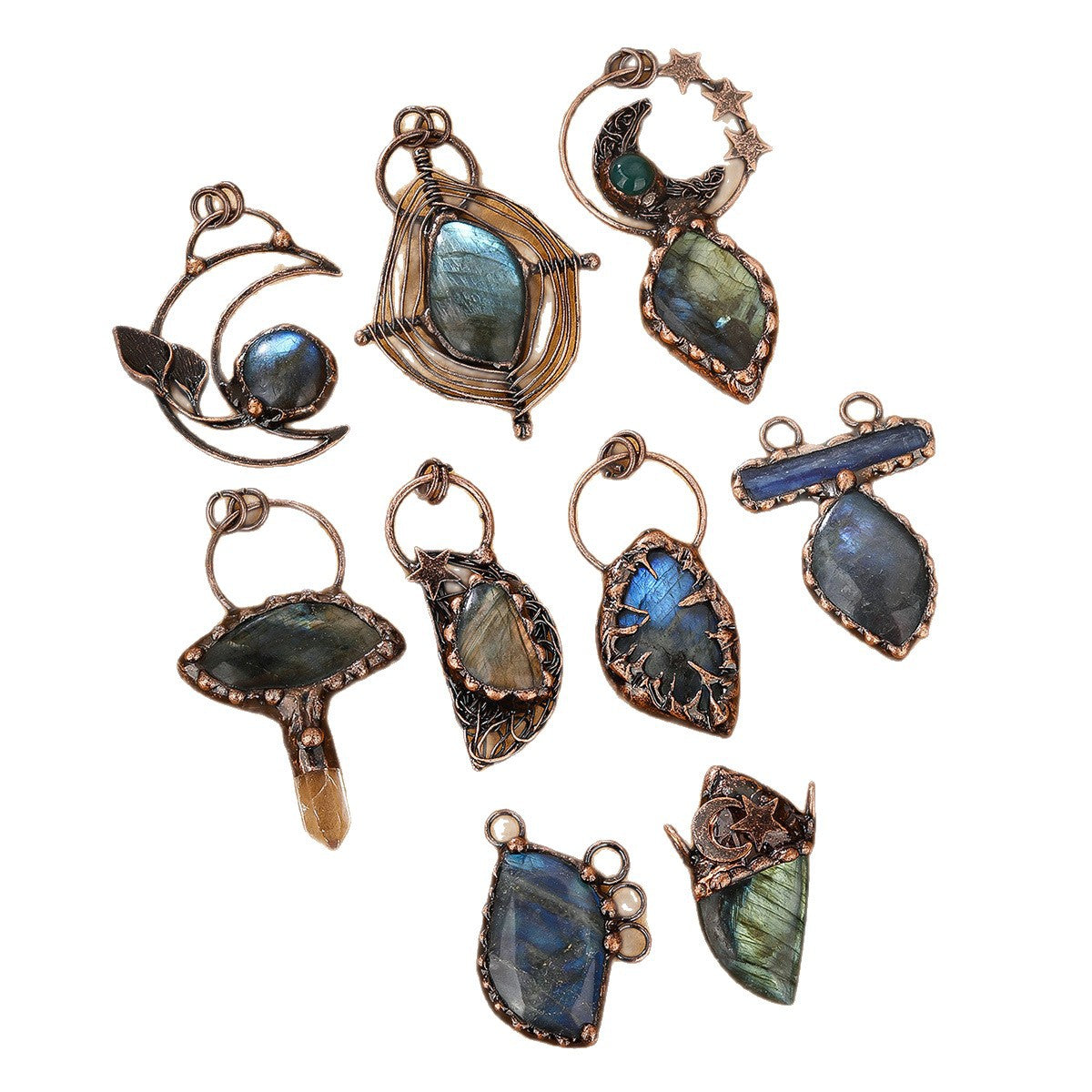 A variety of European and American retro style natural elongated stone original design bronze sweater chain pendant random shape