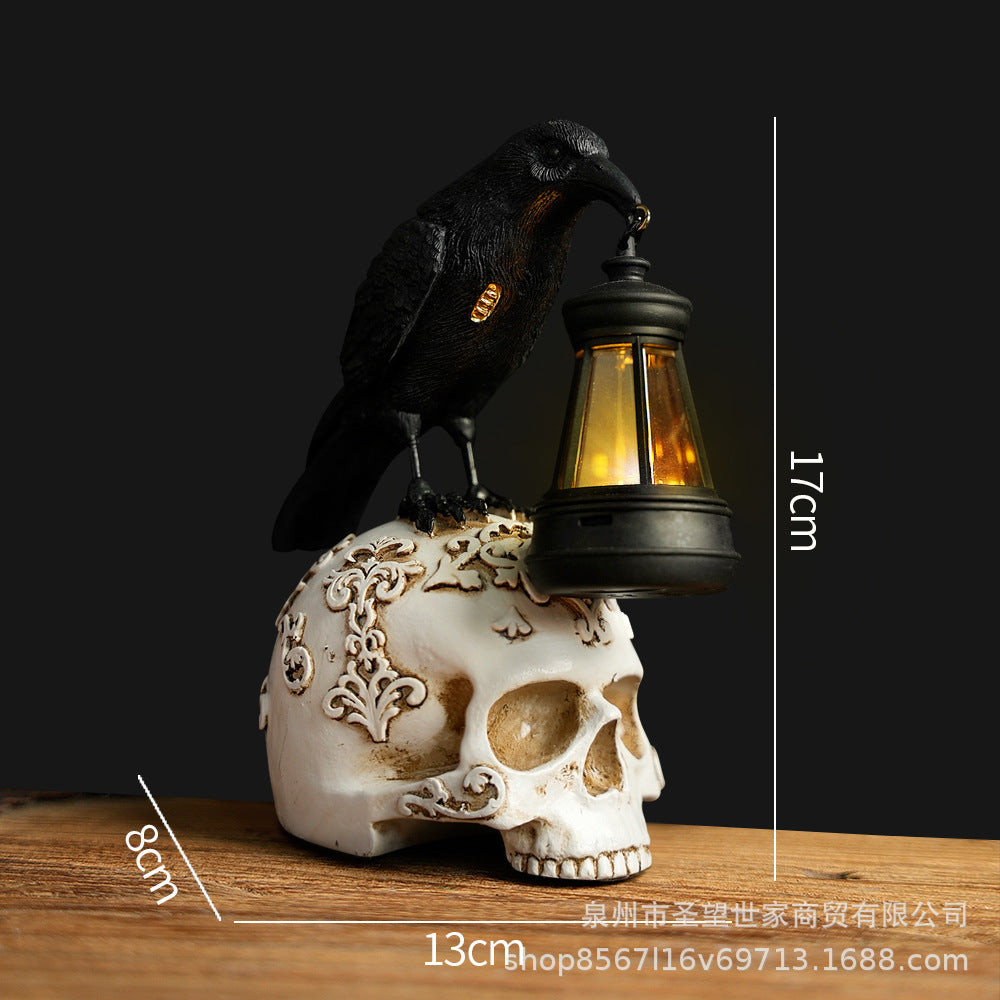 跨境新品万圣节乌鸦摆件复古桌面骷髅道具树脂摆件太阳能鬼节装饰