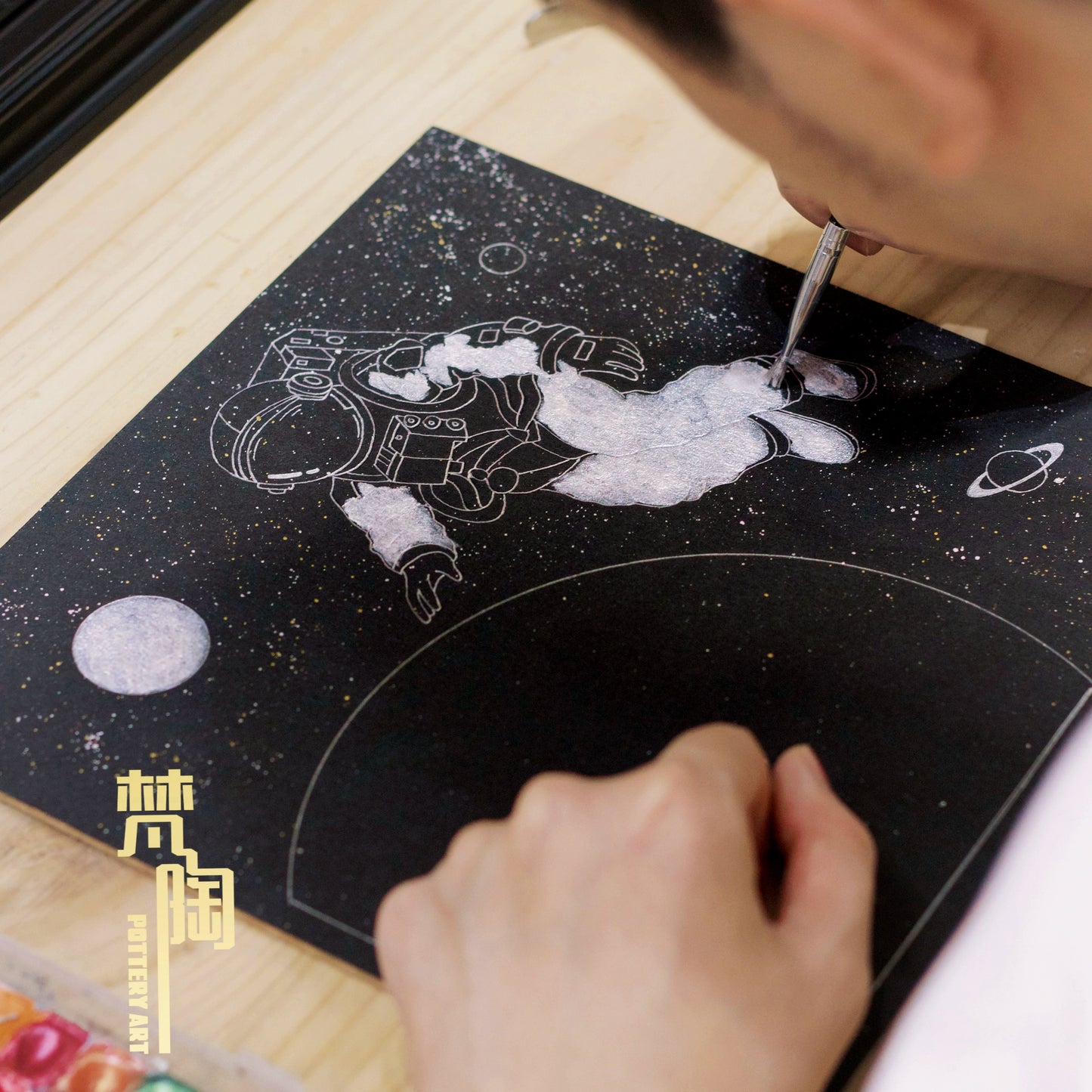 石英砂月球肌理画宇宙太空宇航员中古挂画法式相框月球简笔画