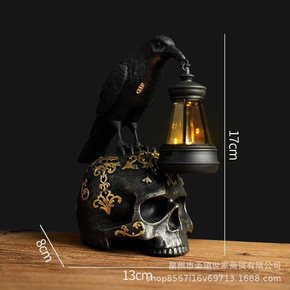跨境新品万圣节乌鸦摆件复古桌面骷髅道具树脂摆件太阳能鬼节装饰