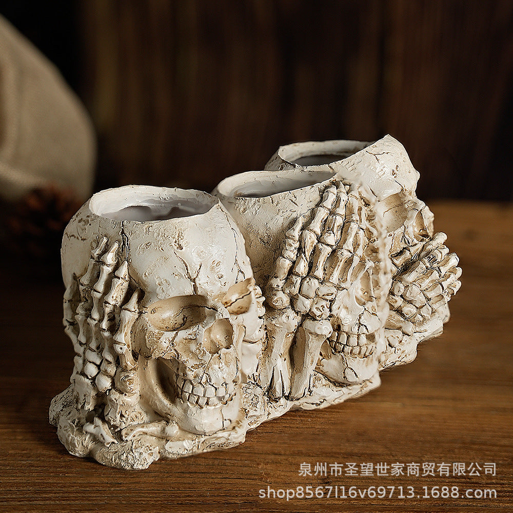 万圣节礼物办公室三不骷髅笔筒摆件桌面个性家居花盆摆件装饰道具