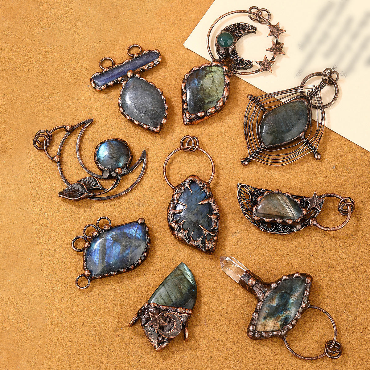 A variety of European and American retro style natural elongated stone original design bronze sweater chain pendant random shape