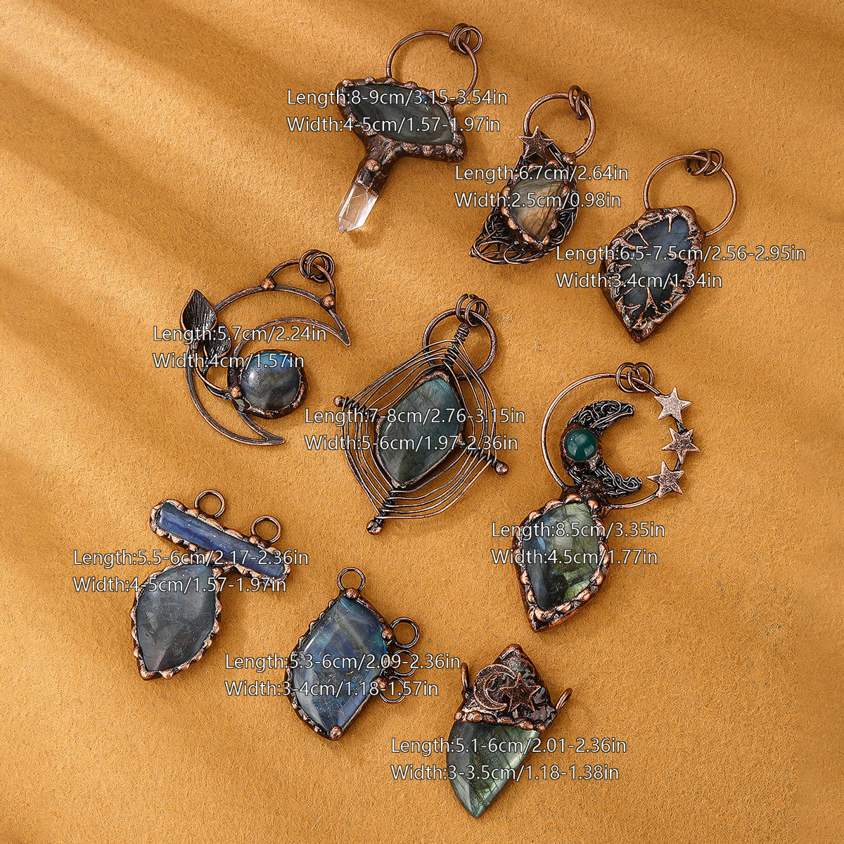 A variety of European and American retro style natural elongated stone original design bronze sweater chain pendant random shape