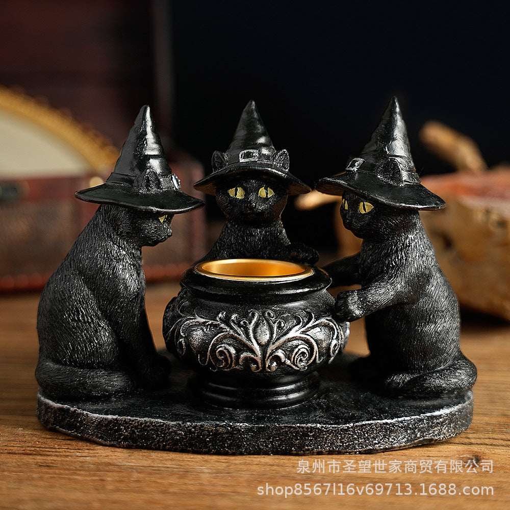 万圣节新款巫师猫神秘暗黑风复古摆件树脂工艺品鬼节香薰蜡烛烛台