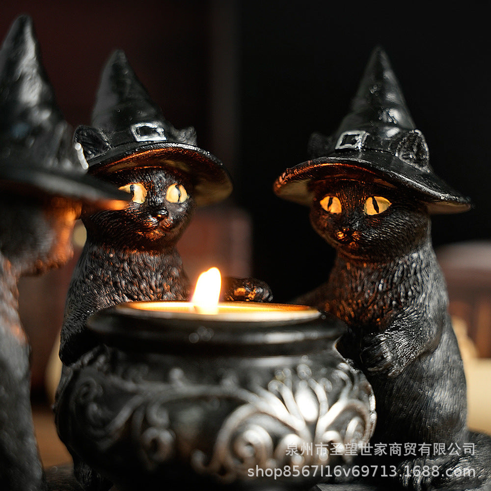 万圣节新款巫师猫神秘暗黑风复古摆件树脂工艺品鬼节香薰蜡烛烛台
