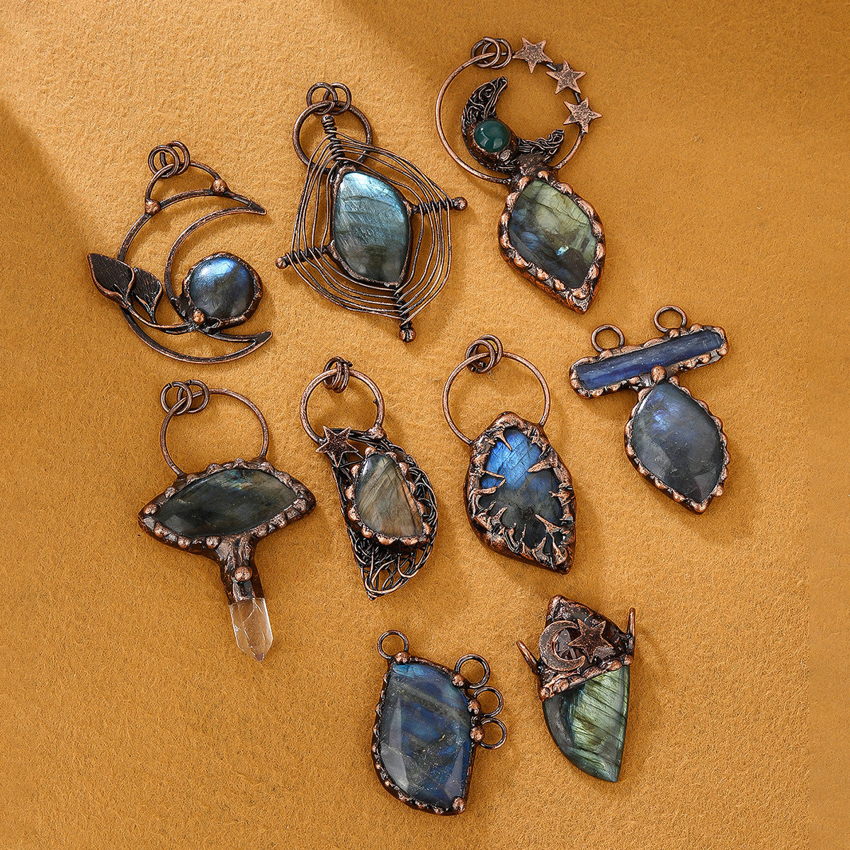 A variety of European and American retro style natural elongated stone original design bronze sweater chain pendant random shape