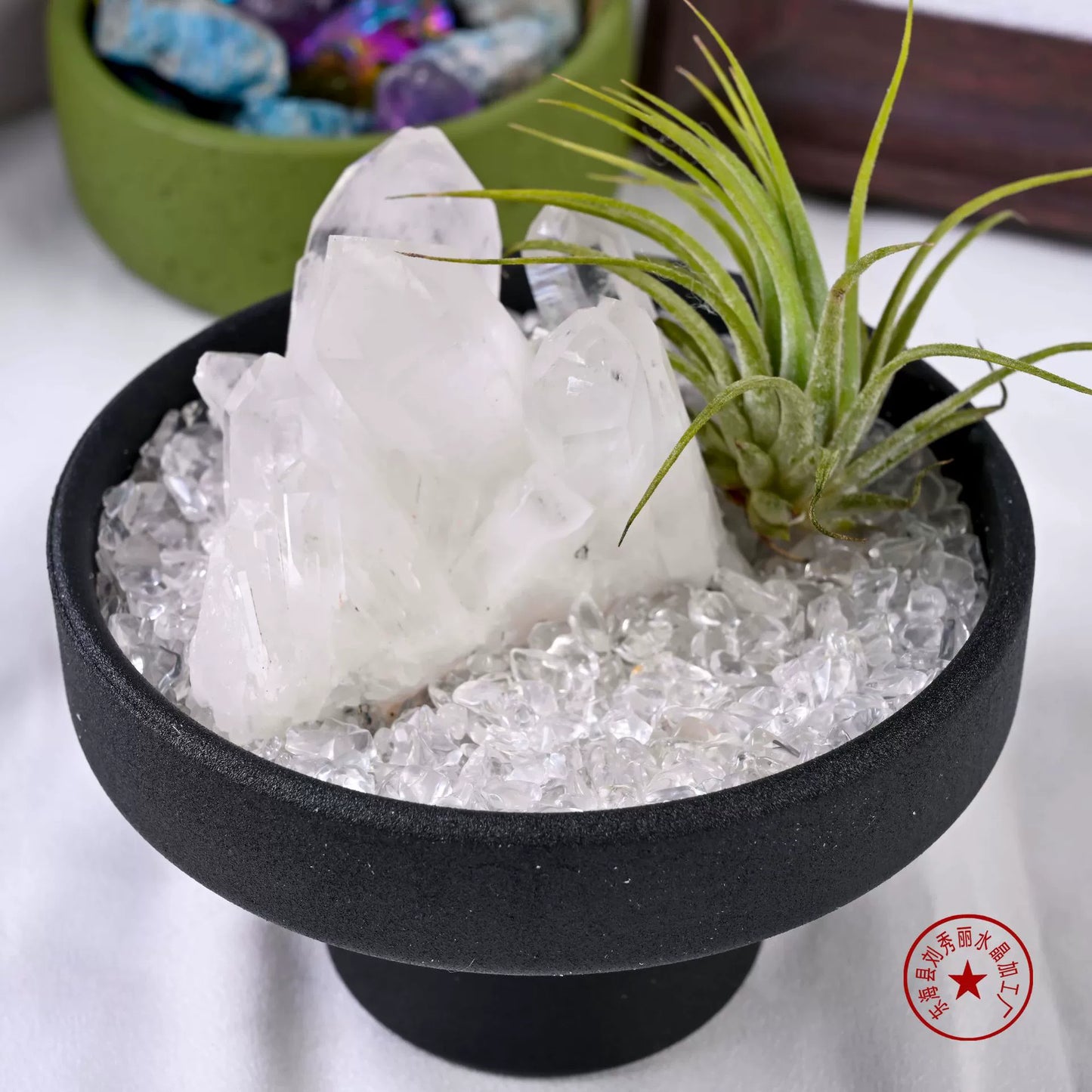 天然水晶原石扩香石消磁石禅意花艺盆栽套装客厅办公桌面装饰摆件