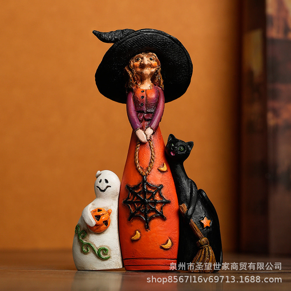 跨境新品创意工艺品万圣节三剑客女巫幽灵猫装饰树脂雕像装饰摆件