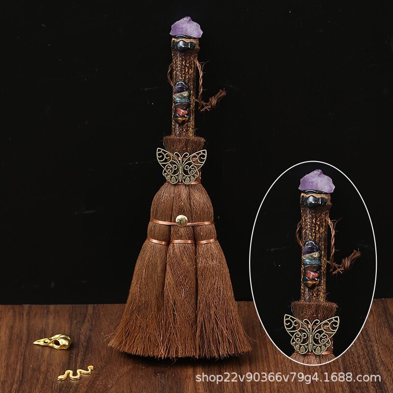 Natural crystal wish witch palm broom cross-border car pendant 24cm long rough stone pendant broom pendant