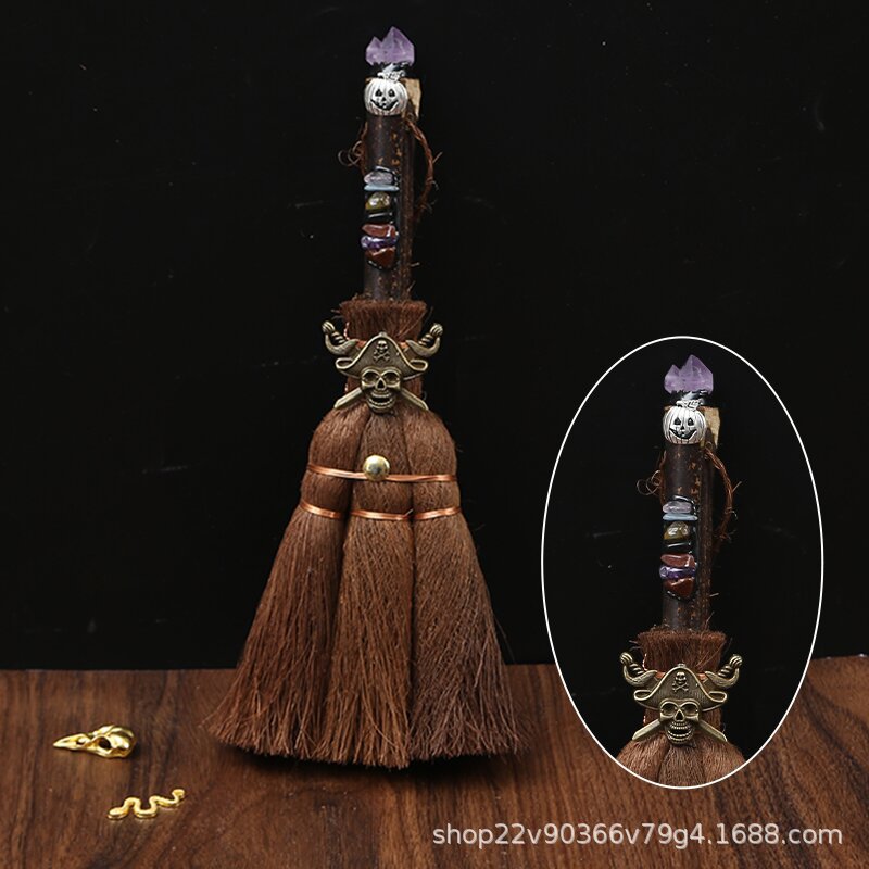 Natural crystal wish witch palm broom cross-border car pendant 24cm long rough stone pendant broom pendant