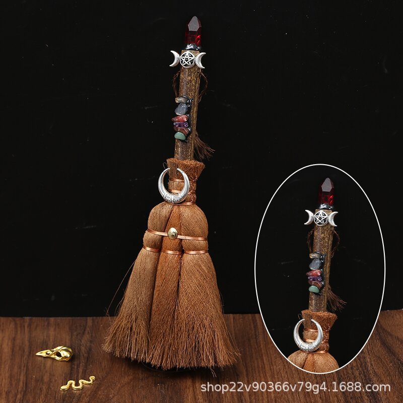 Natural crystal wish witch palm broom cross-border car pendant 24cm long rough stone pendant broom pendant