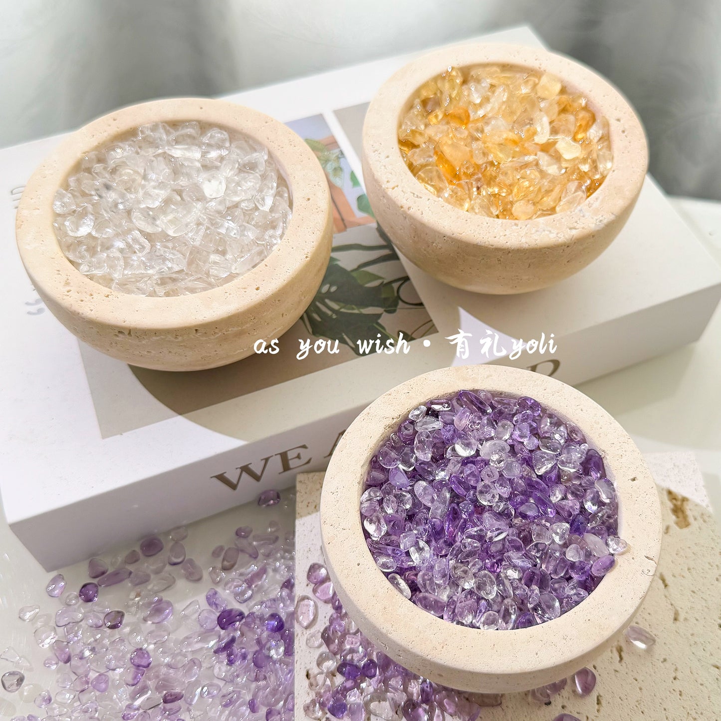 天然黄水晶招财聚宝盆摆件高级白水晶消磁洞石碗乔迁桌面摆件礼物