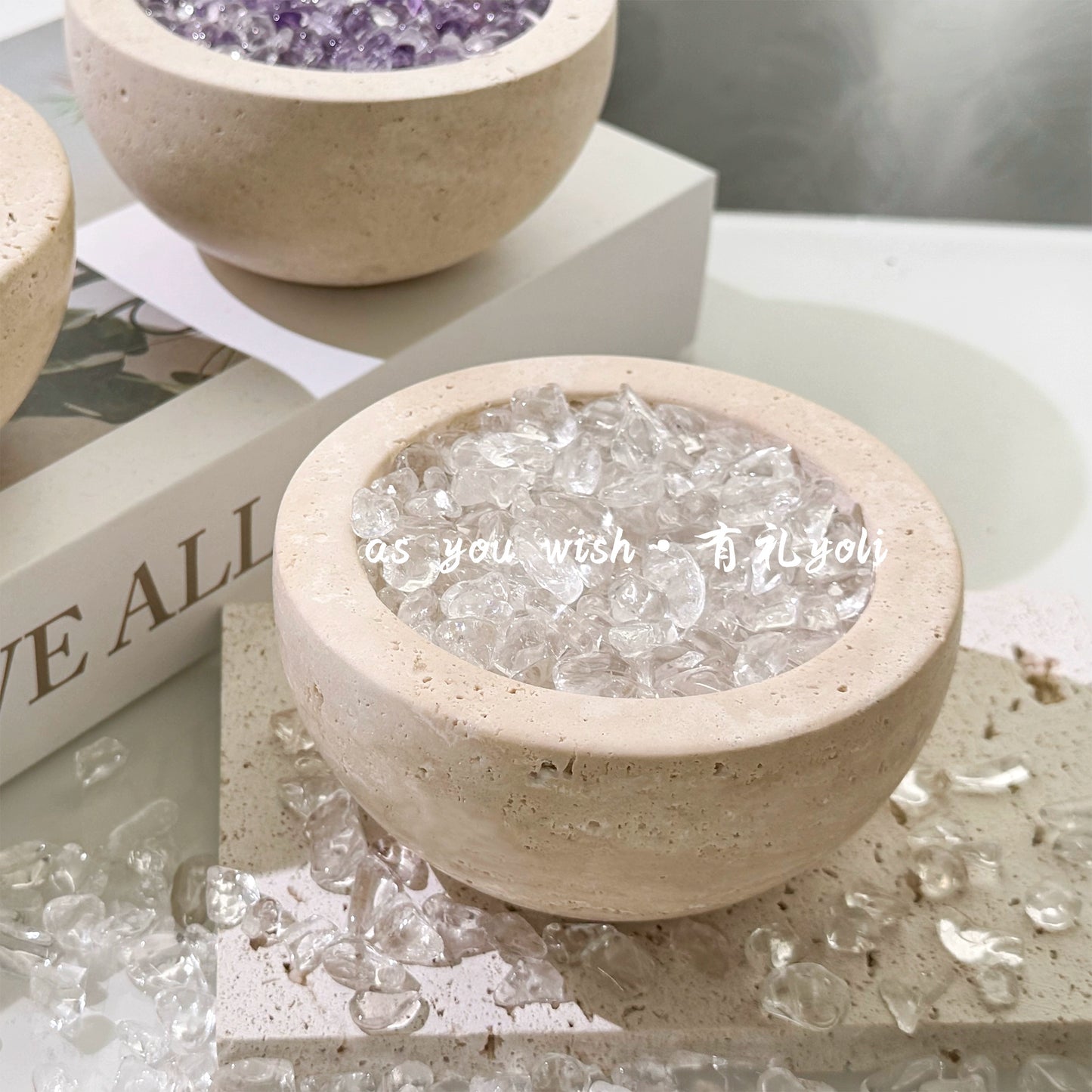 天然黄水晶招财聚宝盆摆件高级白水晶消磁洞石碗乔迁桌面摆件礼物