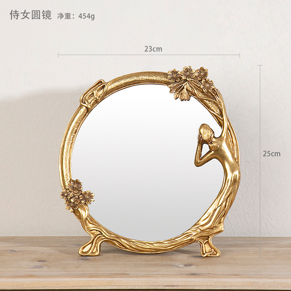 欧式轻奢树脂浮雕金色侍女镜化妆镜复古树脂拍照道具少女梳妆镜子