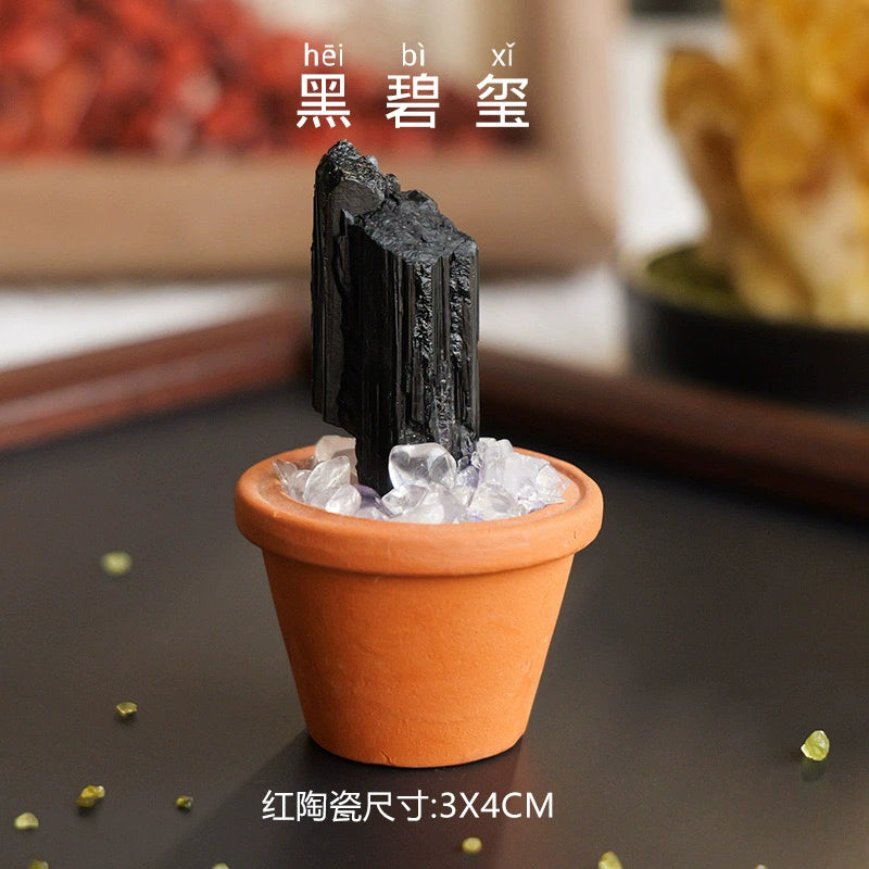 天然水晶原石陶盆摆件水晶diy仿真盆栽家居办公桌面车载摆件
