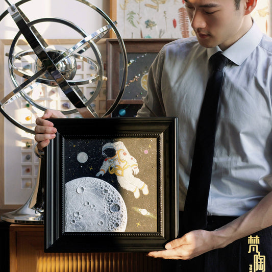 石英砂月球肌理画宇宙太空宇航员中古挂画法式相框月球简笔画