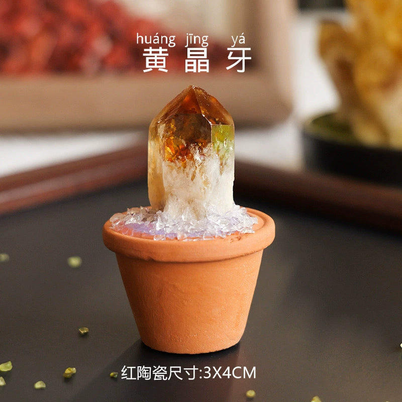 天然水晶原石陶盆摆件水晶diy仿真盆栽家居办公桌面车载摆件