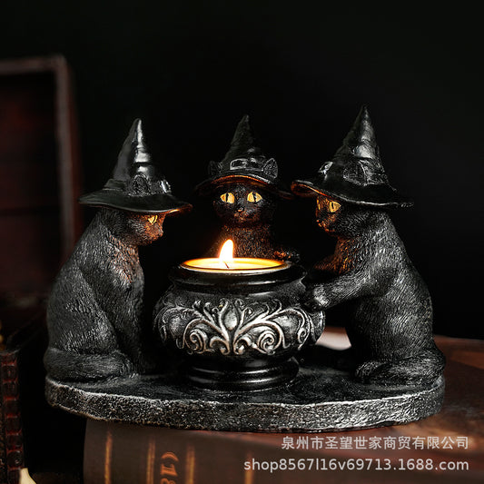 万圣节新款巫师猫神秘暗黑风复古摆件树脂工艺品鬼节香薰蜡烛烛台