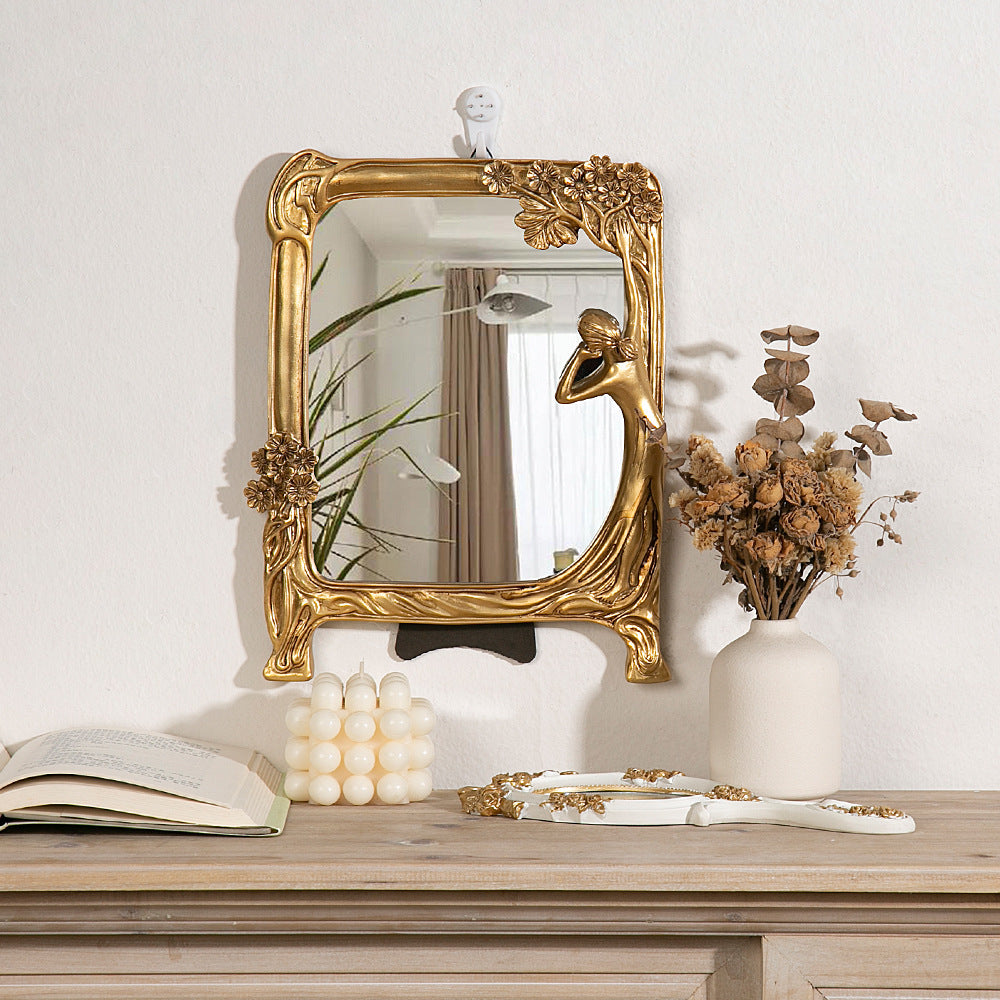 欧式轻奢树脂浮雕金色侍女镜化妆镜复古树脂拍照道具少女梳妆镜子