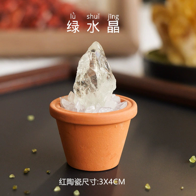 天然水晶原石陶盆摆件水晶diy仿真盆栽家居办公桌面车载摆件