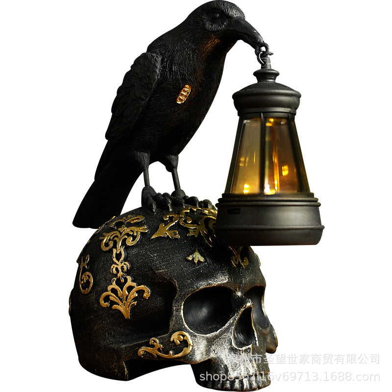 跨境新品万圣节乌鸦摆件复古桌面骷髅道具树脂摆件太阳能鬼节装饰