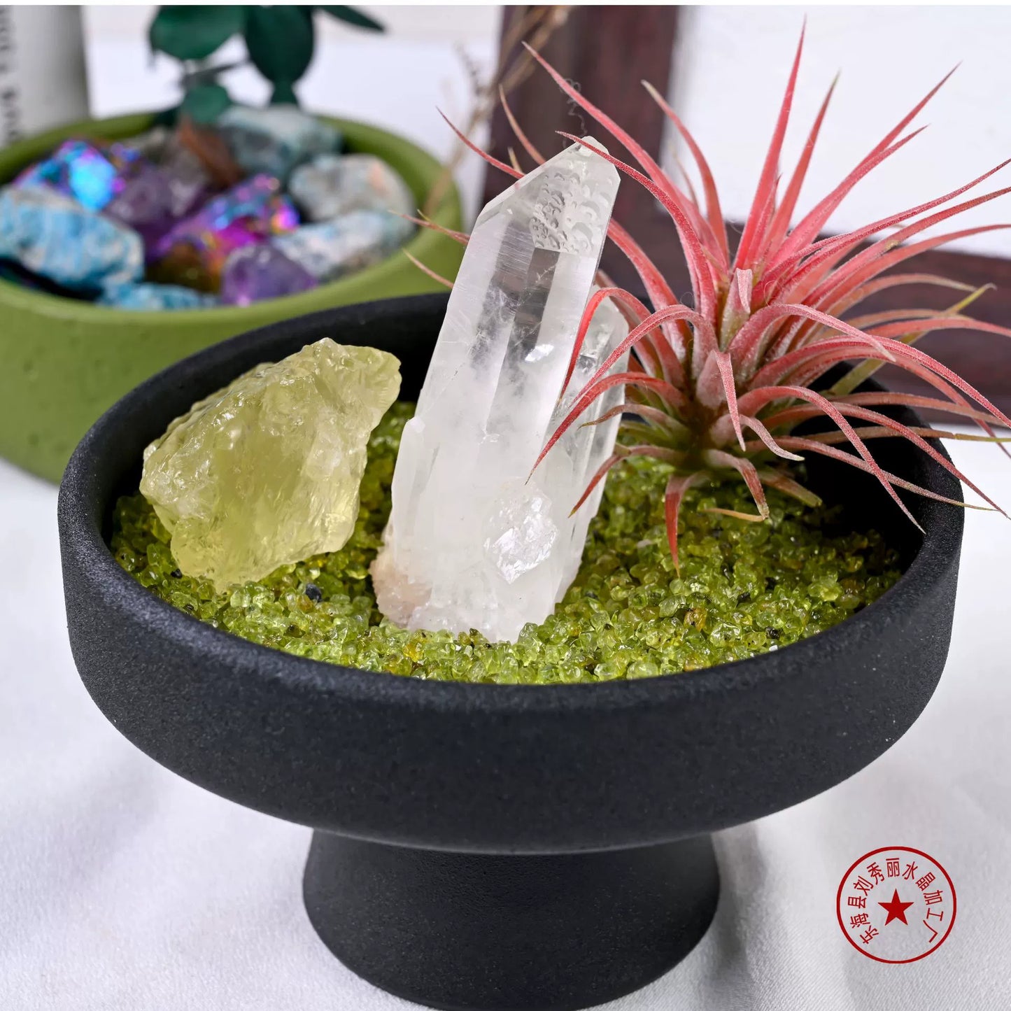 天然水晶原石扩香石消磁石禅意花艺盆栽套装客厅办公桌面装饰摆件