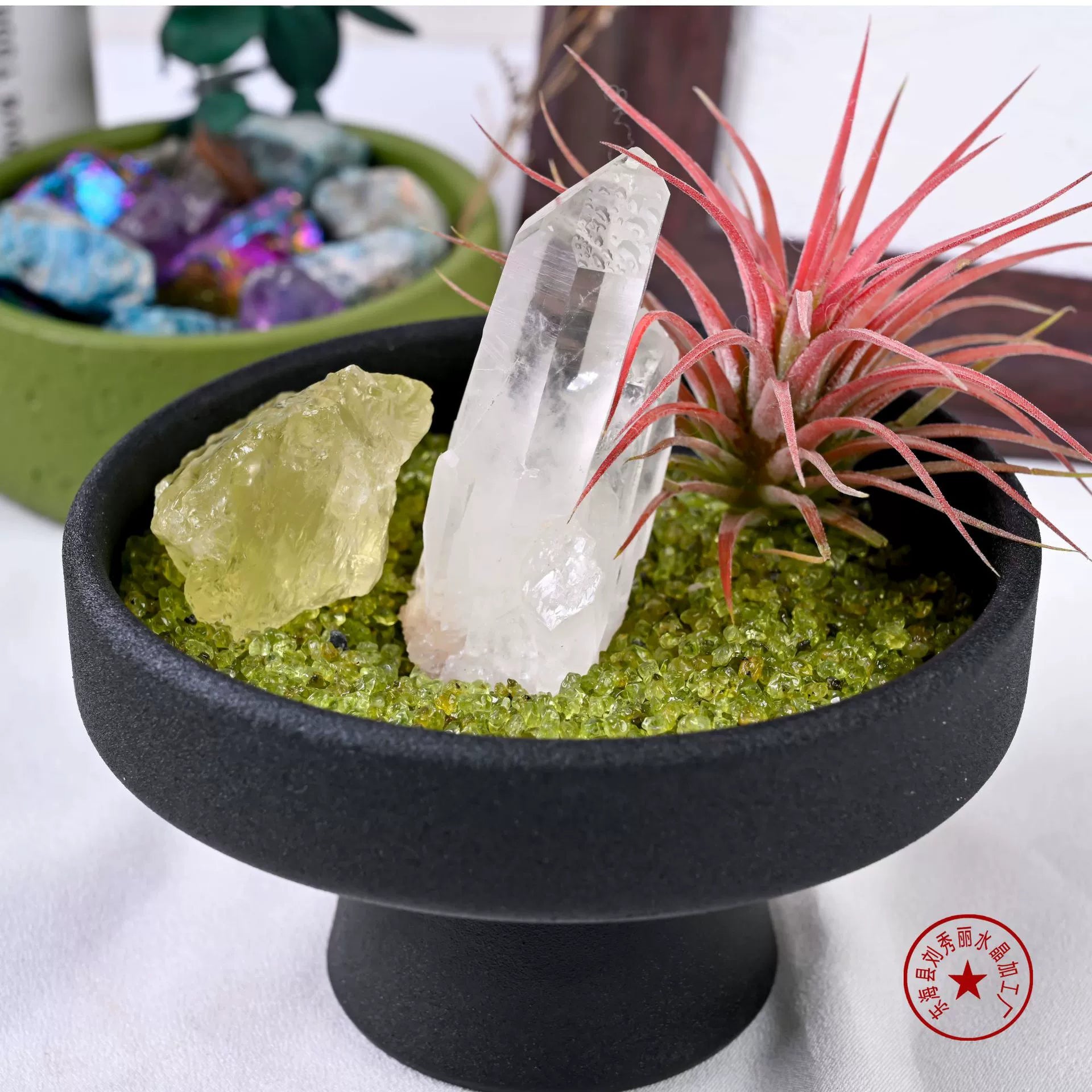 天然水晶原石扩香石消磁石禅意花艺盆栽套装客厅办公桌面装饰摆件
