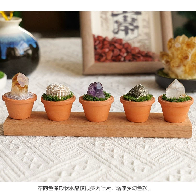 天然水晶原石陶盆摆件水晶diy仿真盆栽家居办公桌面车载摆件